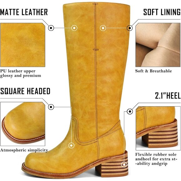 Women's Knee High Boots, Square Toe, Chunky Block Heel, Comfortable Low Heel - Picture 2 of 5